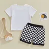 Roupas conjuntos de roupas de meninos roupas de verão de manga curta Cousirt letra impressão de impressão de xadrez de xadrez shorts xadrez 2PCS Conjunto de roupas