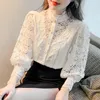 Spring Sweet Hollow Out Lace Patchwork Blouse Blouse Automne Boulet Boute Blanc Top blanc Blusas Petal Sleeve Flower Stand Collar Shirt 12419 240424