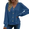 Blouses pour femmes T-shirt élégant en V bouton de cou de cou bûche en liberté chaude pour la mode à manches longues de la mode à la mode