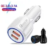 3.1A QC3.0 Fast Car Charger Dual USB Ports Anti-drop Shell Temperature Prevention Portable USB Car Chargers For Multiple Smart Phones