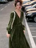 Casual Dresses Vintage V Neck Green Velvet French Elegant One Piece Party Prom Robe Spring Winter Women Slim Long Sleeve Vestidos