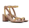 Роскошные бренды Женщины золотые шпильки сандалии туфли заклепки без ограничений коренастые каблуки Lady High Heels Comfort Daily Walking Eu35-43 с коробкой