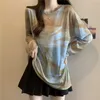 2024 Summer New Mesh T-shirts Women Korean Style O-neck Long Sleeve Color Printing Tie Dye Loose Thin Tees Office Lady Fashion Versatile Casual Oversize Tops Female