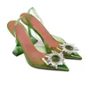 Sandalias de mujer Italia Amina Muaddi Heel transparente de satén Begum tacones de colladillo Amina Muaddi zapatos de vestir para mujer Begum Crystal Broche Slingback Pombas de mula zapatos negros