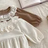 Rompers Baby Clothes Infant Girls Bodysuits Waffle One Piece Lace Collar Clothes And Headband H240425