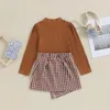 Zestawy odzieży słuchaj Inwind Toddler Girl Fall 2pcs strój lite żebrowane długi rękawowe bluzki i asymetryczne mini spódnica z nadrukiem Houndstooth