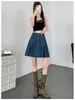 Scherma della gonna a pieghe di denim blu retrò per donne 2024 Summer in stile estivo High Waist A-Line Mini Skort Girl Jean Short