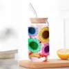 Tumblers impressos 3D Girassol colorido de girassol de 16 onças copo de vidro copa pode água com tampa de bambu palha bebendo vidro de vidro de café xícara de café H240425