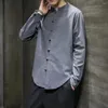 メンズカジュアルシャツスプリングメンズシャツ中国語スタイルスタンドノットボタン付きシングルブレストソリッドカラー長袖ルーズ