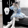 Casual klänningar gotiska för kvinnor japanska söta saia lolita stil o-hals ruffles kawaii jupe lapptäcke spetsmodeklänning vestido femme