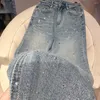 Frauen Jeans Weitbein Hosen 2024 Spring Mode High Taille Strass Reißverschluss Jeanshose Tasche Gerade