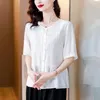 Blouses pour femmes 2024 Summer Color Colon Cotton Linn Shirt Short Sleeve Fashion Volyme d'âge moyen Mothers V-Neck Blouse à poitrine unique