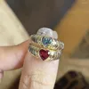 Cluster Rings Vintage 9K Solid Gold Set Natural Tourmaline Chunky Ring 925 Silver Heart Red Blue Topaz Gemstones Finger For Women