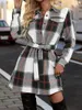 カジュアルドレス2024秋の冬の女性用長袖ラペル格子縞のベルトシャツドレスファッション