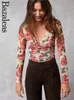 Kadın Tişörtleri 2024 Bazalea Bahar Yaz Üstü Top Y2K Çiçek Baskı Mesh Gömlek Kadınlar Seksi Çapraz V Boyun Boya Döktü Tees