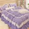 Ins Koreaanse prinses beddengoed kawaii ruches kanten bed rok dekbed deksel vaste kleur queen size voor meisjes vrouw huis textiel 240416