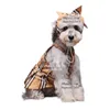 デザイナー犬服ブランドドッグアパレルクラシックペルレイドパターンドッグドレスヘッドバンドの贅沢な夏のペットプリンセススカート犬の誕生日パーティーホリデードレスl y86