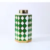 Bouteilles de rangement motif à carreaux verts en céramique pot doré de bouteille hexagonale avec paupières décoration de bureau