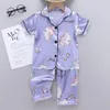 Childrens Pajamas Set Summer Baby Suit Kids Clothes Toddler Boys Girls Lce Silk Satin Cartoon Printing Tops Pants 2pc Home Wear 240410