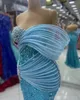 2024 Plus Size Blue Prom Kleider für schwarze Frauen Promdress Illusion Perlen Spitzenperlen Strasssteine dekorierte Geburtstagsfeier Kleid zweite Empfangskleider Am780