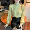 Blouses des femmes 2024 Femmes Ruffled Sweet Chic Stand Collar Solid Murffon Shirts coréens Fashion Long Manche Top Blouse Blouse de Mujer