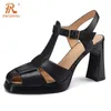 Сандалии Prxdong Summer Lymenuine Leather High Heels Platform T-ремешка черно-бежевое платье с пряжкой.