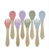 Feeding 2Pcs Children's Wooden Handle Silicone Fork Spoon Soft and Resistant To Falling Baby Feeding Spoon Set Auxiliary Food Fork Spoon