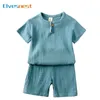 Katoenen linnen kleding meisjes outfit zomerjongens kleding sets vaste kleur korte mouw tops shorts kinderen 27 jaar 240410