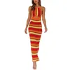 Casual Dresses Women Striped Print Knit Dress Sleeveless Spaghetti Strap Sweater Tie Halter Neck Boho Bodycon Long