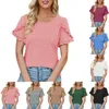 Kvinnors T-skjortor Spring and Summer Round Neck Petal Sleeve skarvad fast färg T-shirt Loose Top Women Fashion Blus 2024 Skjorta för