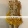 Real Photo Gold Birthday Outfits Feathers 2K24 See Through Vestidos De Graduacion Short Cocktail Dress for Prom