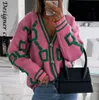Vrouwen Cardigan Green Gestreepte roze gebreide button Lady Cardigans Sweaters Vneck Loose Casual Winter Fashion Break Coat5623202