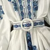 Women Bohemian Dress 2023 Spring Summer Print Long Lantern Sleeve V Neck Corset Slim Button Pleated Dres Vacation 240418