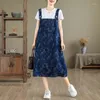 Lässige Kleider Mode -Denim Jacquard Spaghetti -Gurt Pullover Kleid 2024 Frau Solid Color Square Kragen ärmellose Patentaschen Taschen