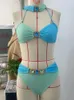 Women's Swimwear Luxury Rhinestones 2 Piece Swimsuit For Women Blue Green Patchwork Bikini Sexy High Waist Suspender Backless 2024