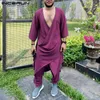 Incerun Männer Sets v Nacken 3/4 Ärmeln Schnürung unregelmäßiges Hemd Kaftan Hosen 2pcs Solid muslimische Kleidung lässige Männer Anzüge S-5xl 240415