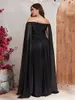 Feestjurken 2024 Zwarte lange jurk avondje uit de schoudermantelmouwen een lijn pailletten chiffon plus size dames prom jurken custom