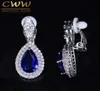 Fashion Women White Gold Color Dangle Drop CZ Royal Blue Crystal Paved No Pierced Ear Clip On Earrings Jewelry CZ164 2107143335040