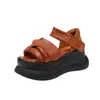 Sandals Fujin 7.5cm Women Moccasins Summer British Hook Peep Toe Cow Genuine Leather Platform Wedge Loafer ROME Mary Jane Shoes