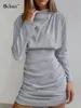 Casual jurken BClout Vintage Pargin Silver Dress Women 2024 Fashion Ruched Elastic Party Sexy Elegant Solid O-Neck Mini Female