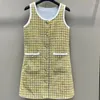 Casual Dresses 2024 Spring Brand Fashion Yellow Woolen Plaid Dress Slim Tweed Back Strap Sleeveless A-Line Women Single Breasted