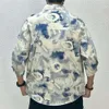 Men's Summer New Chinese Style Ink Wash Thin Shirt, Cotton Jacket, Short 5/4 Sleeved, Medium Sleeved Workwear Trend