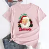 Women's T Shirts Don't Stop Believin' Santa Tshirt Funny Women Winter Xmas Holiday Season Tee Shirt Top