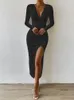 Casual Dresses WJFZQM Deep V Neck Long Sleeve Black Bodycon For Women Split Dress Sexy Tight Ruffle Club Party Ruched 2024