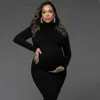 Zwangerschapsjurken Hoge nek Volle mouw Zwangerschap Skinny jurk voor fotografie Zwangere vrouw rekbare lange jurk