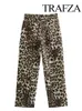 Calça feminina trafza feminino moda 2024 leopardo casual cálculo alta feminino chique de botão de botão de botão slim calças finas