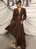 Runway Dresses 2024 Women Sexy V Neck Brown Long Sleeve Dress with Sashes Evening Party Birthday Club Celebrity Prom Gown Vestido