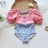 One-Pieces 2023 Summer Childrens Swimsuit Girls Puff Sleeve One Piece Swimsuit H240425