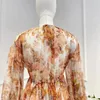 Casual Dresses 2024 Orange Spring Summer Top Quality Silk Floral Printing Lace-up V-neck Long Sleeve Vintage Midi Dress For Woman