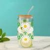 Tumblers 1 Piece Of Green Leafy Petal Daisy Pattern With Bamboo Lid Glass Straw Juice Hot And Cold Drink Bottle Suitable For Summer H240425